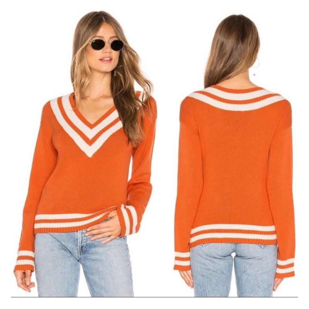 Tularosa Kyoto V-Neck Varsity Stripe Sweater White /orange Preppy Y2K Sz Small